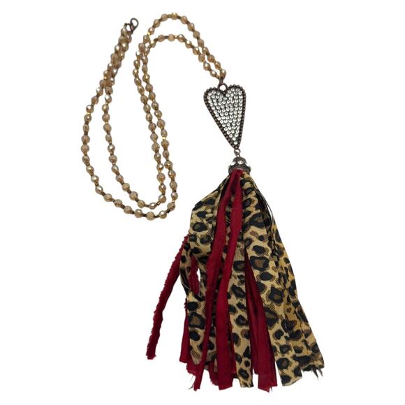 Leopard Heart Tassel Beaded Necklace Gold Rhinestone Leopard Red - Picture 3 of 6